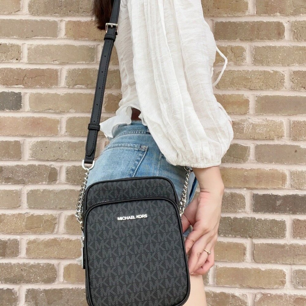 Michael Kors Flight Bag Jet Set Chain North South Crossbody Black MK Signature - Picture 5 of 6